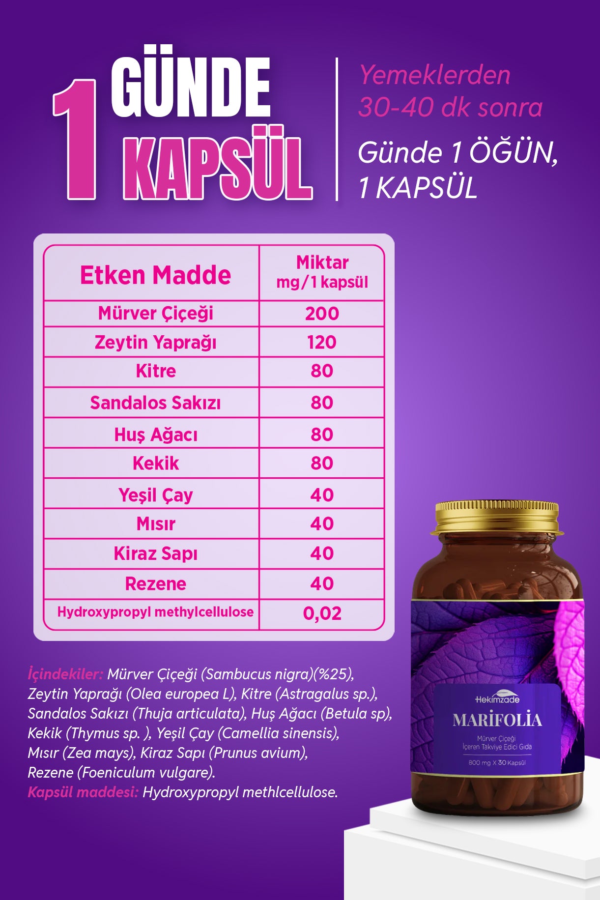 Marifolia Doğal Metabolizma Desteği Sağlayan Mürver Çiçeği İçeren Takviye Edici Gıda 30 Kapsül 800mg