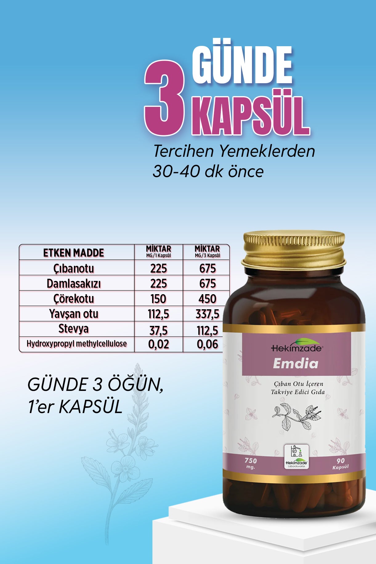 EMDİA 90 KAPSÜL 750mg - Çıban Otu İçeren Takviye Edici Gıda