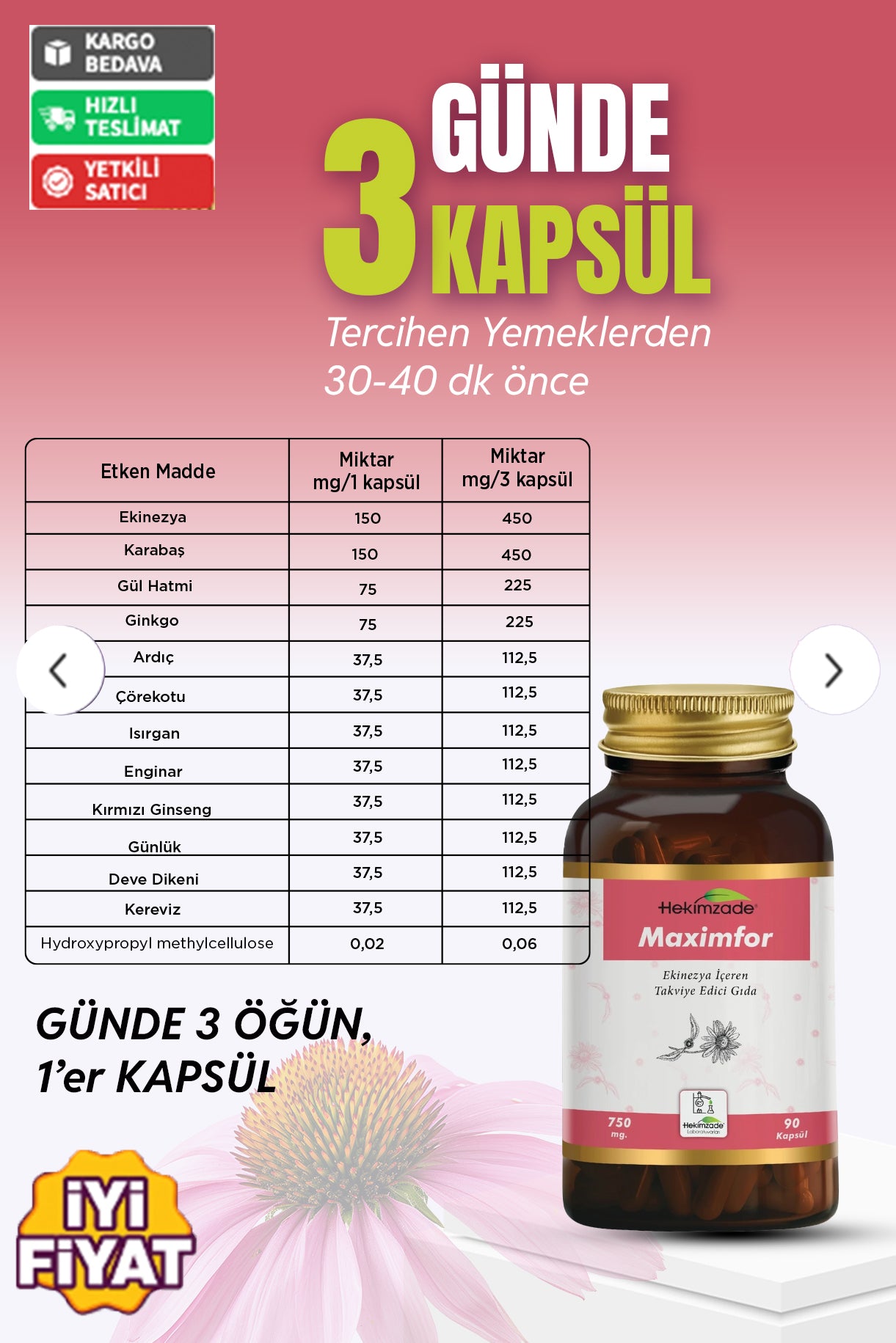 Maximfor 90 Kapsül 750mg - مكمل غذائي يحتوي على زهرة  الإكيناسيا
