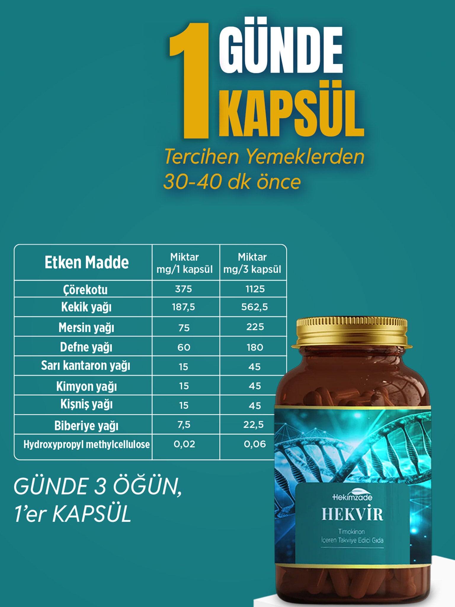 Hekvir 30 Kapsül 750mg - Timokinon İçeren Takviye Edici Gıda