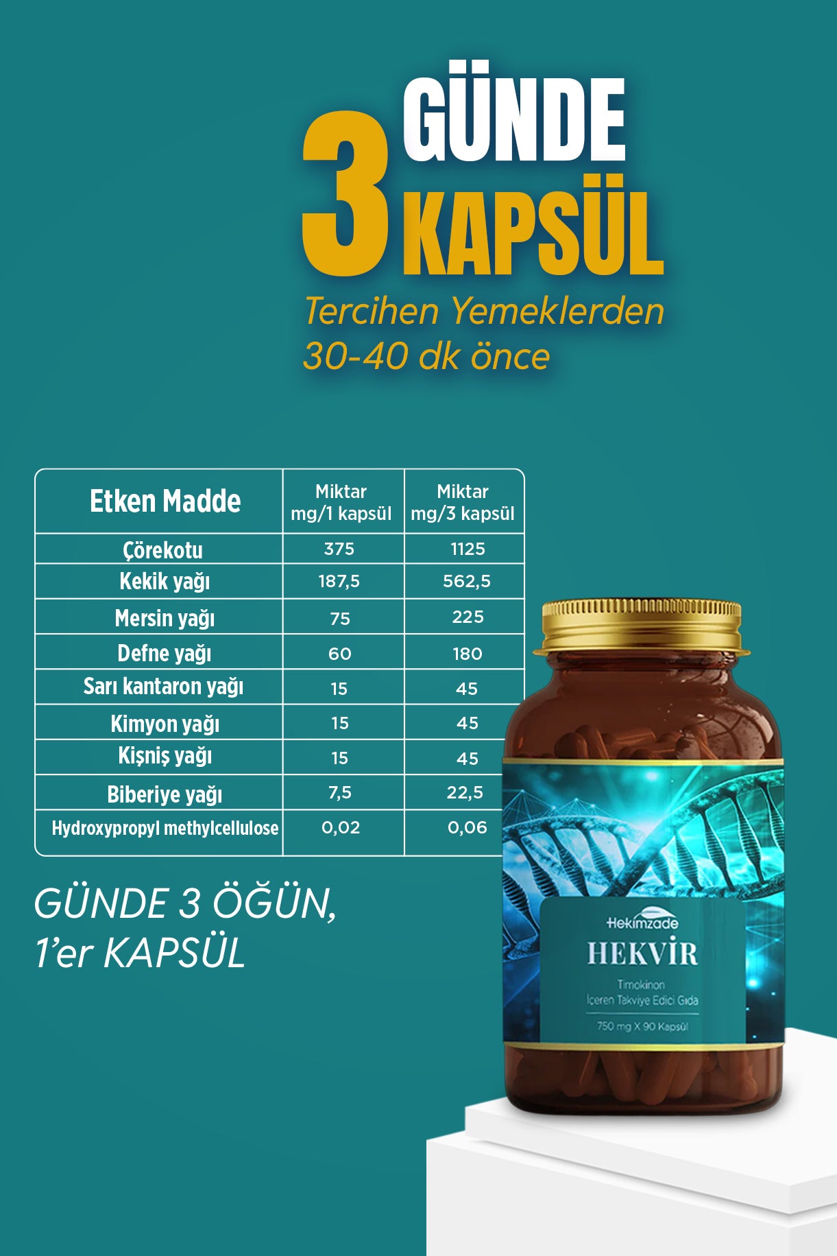 Hekvir 90 Kapsül 750mg - Timokinon İçeren Takviye Edici Gıda
